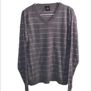Men’s GB grey & white long sleeve striped V neck sweater